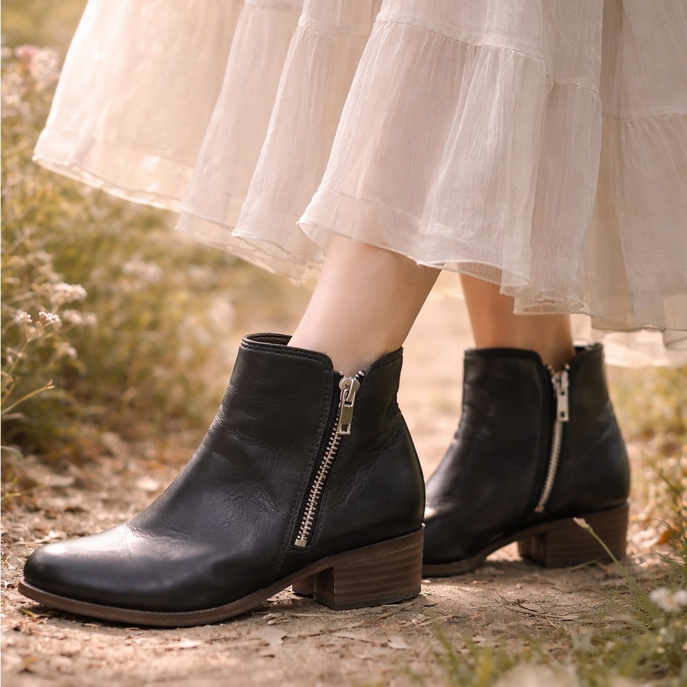 Lucky Brand Black Leather Ankle Booties with Side Zip